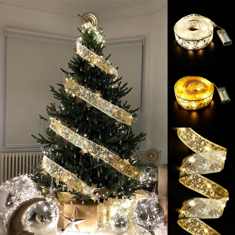 Gold ribbon fairy lights on Christmas tree