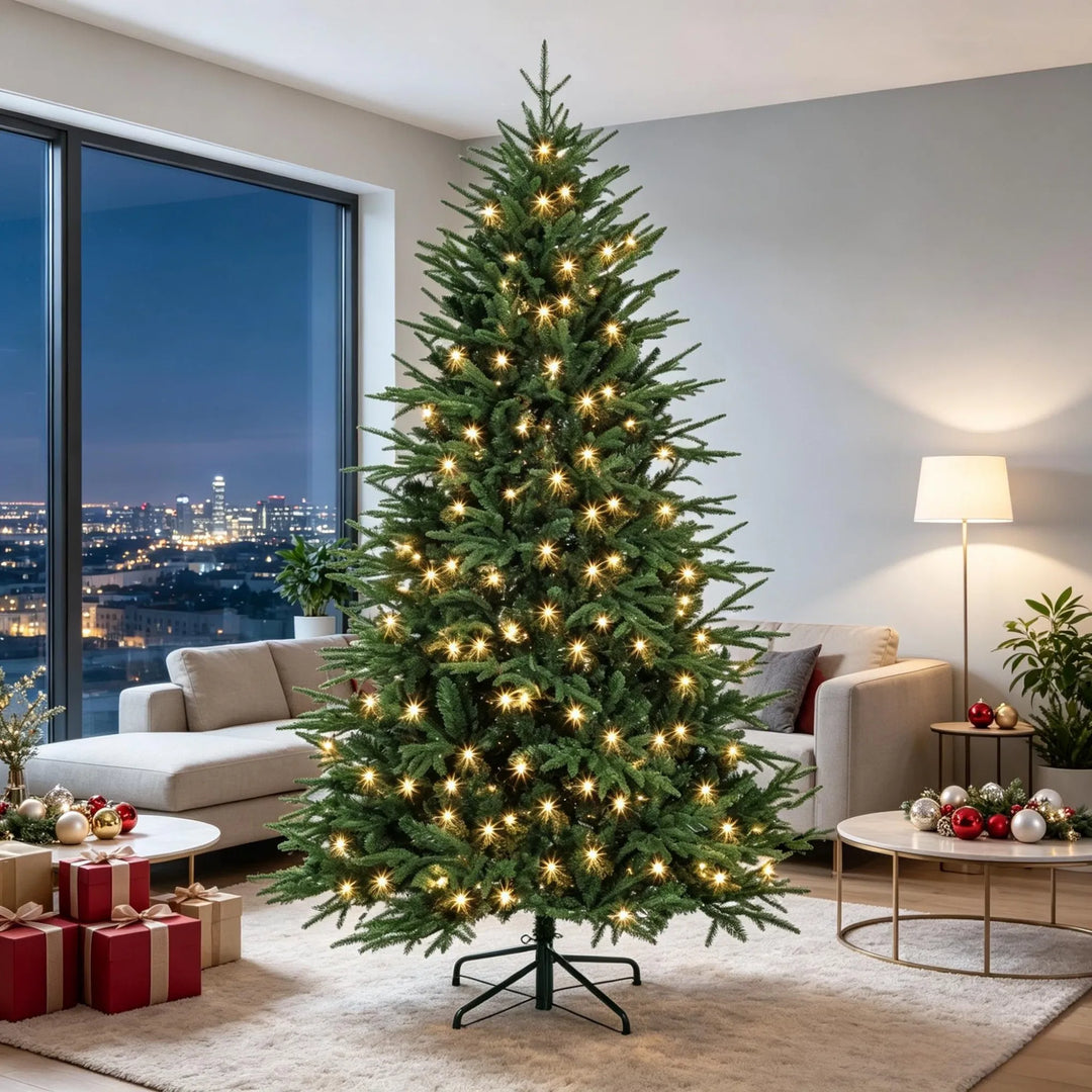 Full green tree with warm lights