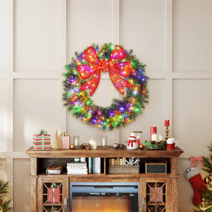 Harwelton Pre-Lit Christmas Wreath with Big Red Bow, 91cm