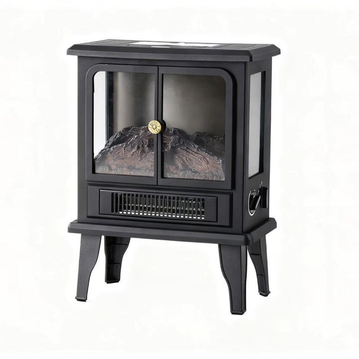black electric stove fireplace with glass doors and flames