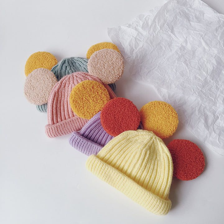 Kids pink ribbed beanie with teddy ears