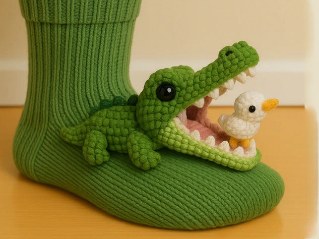 Knit socks with 3D crochet sloth