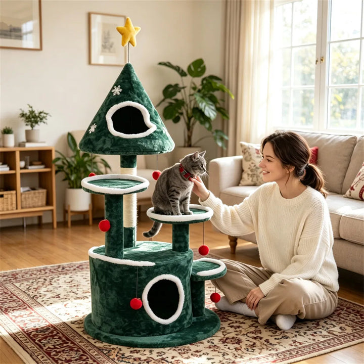 Festive cat tree with bell ball toys
