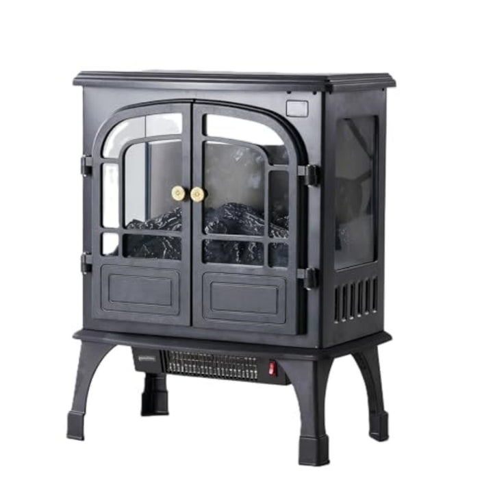 black electric stove fireplace with glass doors and flames