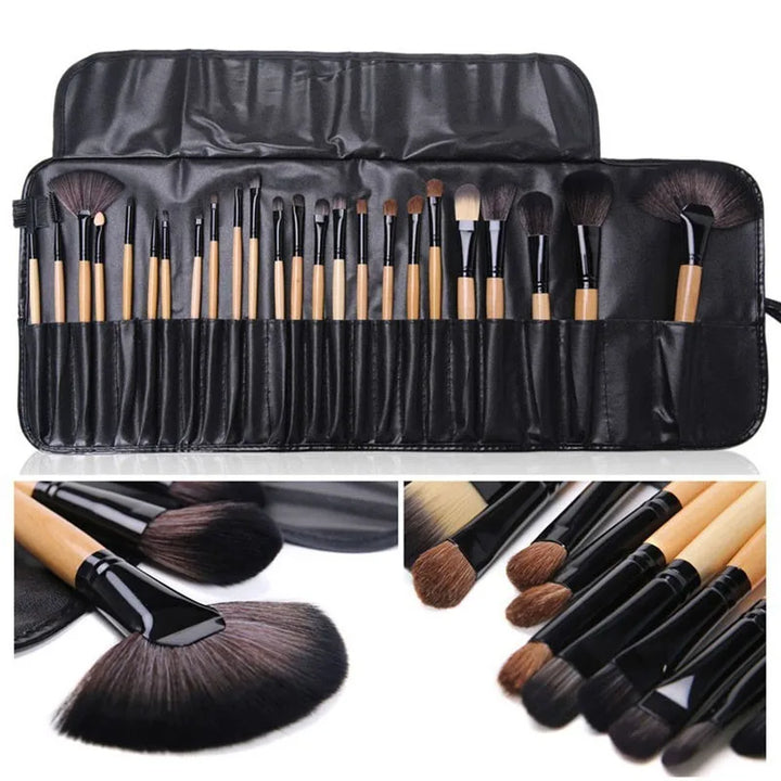 Makeup brush set in roll-up pouch