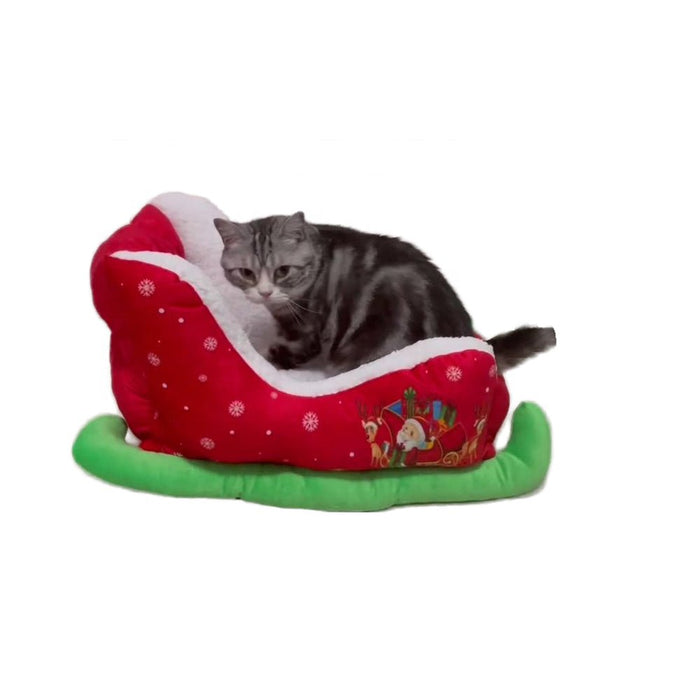 Harwelton™ Christmas Sleigh Pet Bed with Soft Velvet Lining for Cats and Dogs