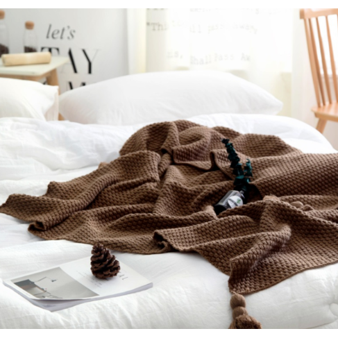 Chunky Waffle Knit Throw with Pom-Pom Tassels