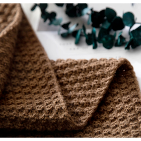 Chunky Waffle Knit Throw with Pom-Pom Tassels