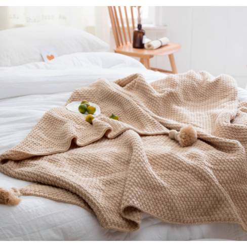 Chunky Waffle Knit Throw with Pom-Pom Tassels