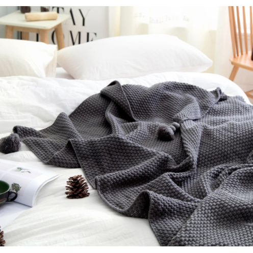 Chunky Waffle Knit Throw with Pom-Pom Tassels