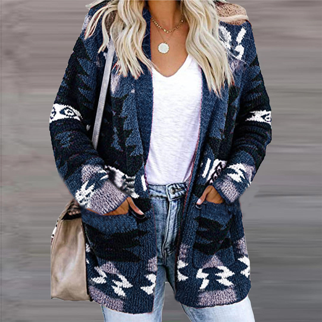 Woman wearing open front geometric knit cardigan