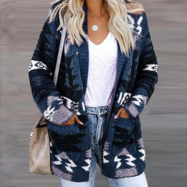 Woman wearing open front geometric knit cardigan