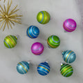 Ten matte glass baubles with glitter swirls