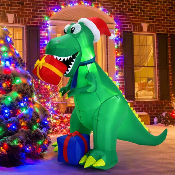 Inflatable T-rex in a Santa hat