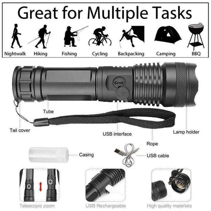 Harwelton™ Rechargeable XHP50 LED Torch with Zoom and Battery Display