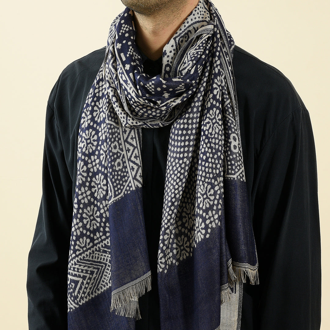 Navy jacquard woven scarf with fringe