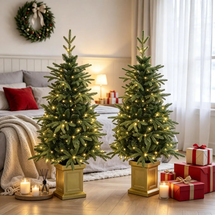 Harwelton Battery Potted Fir Trees with Remote, Set of 2, 4ft