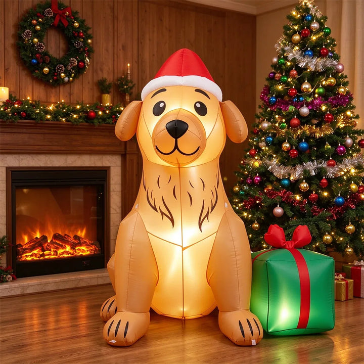 Inflatable golden retriever in Santa hat