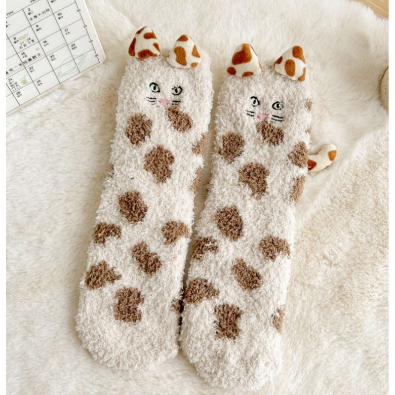 Fluffy cat socks with 3D ears and tail