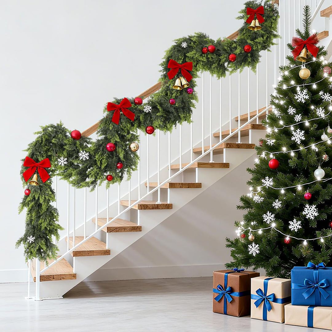 Green Norfolk pine garland on a mantelpiece