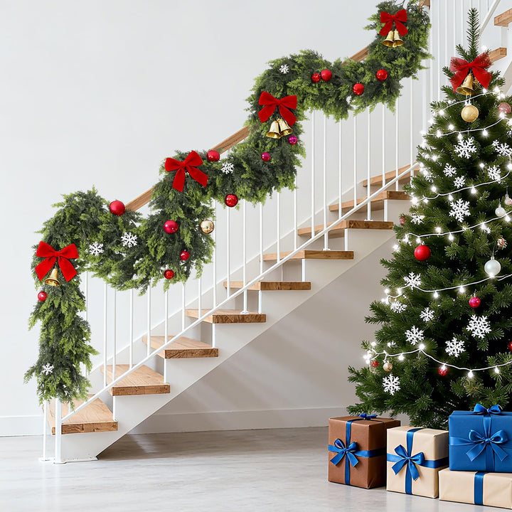 Green Norfolk pine garland on a mantelpiece