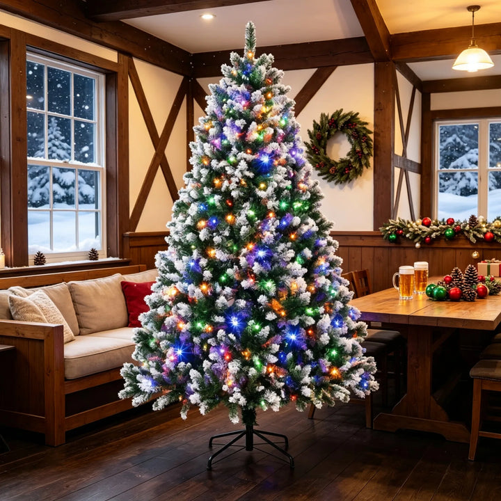 Tall snow-tipped pre-lit tree with remote