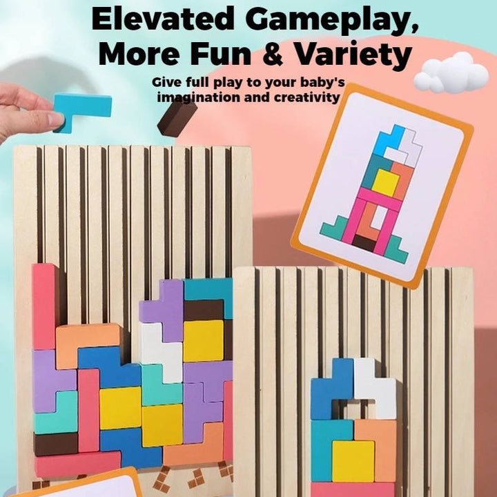 42-Piece Wooden Montessori Puzzle Blocks with 10 Pattern Cards