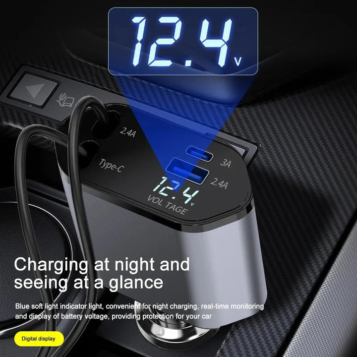 120W Car Charger with Retractable Cables and Voltage Display