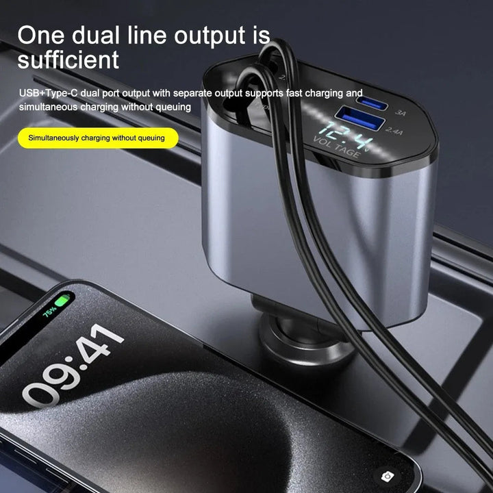 120W Car Charger with Retractable Cables and Voltage Display