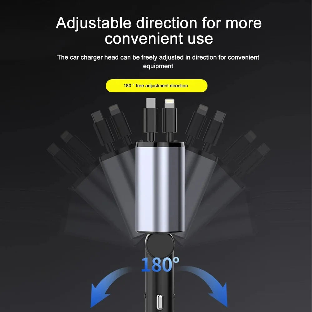 120W Car Charger with Retractable Cables and Voltage Display