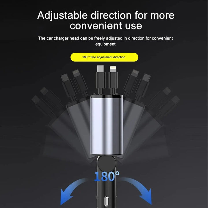120W Car Charger with Retractable Cables and Voltage Display