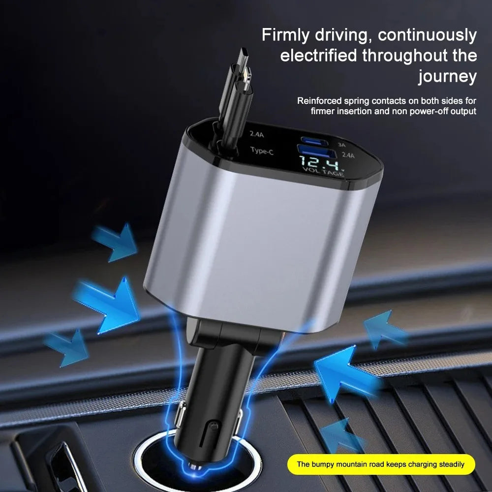 120W Car Charger with Retractable Cables and Voltage Display