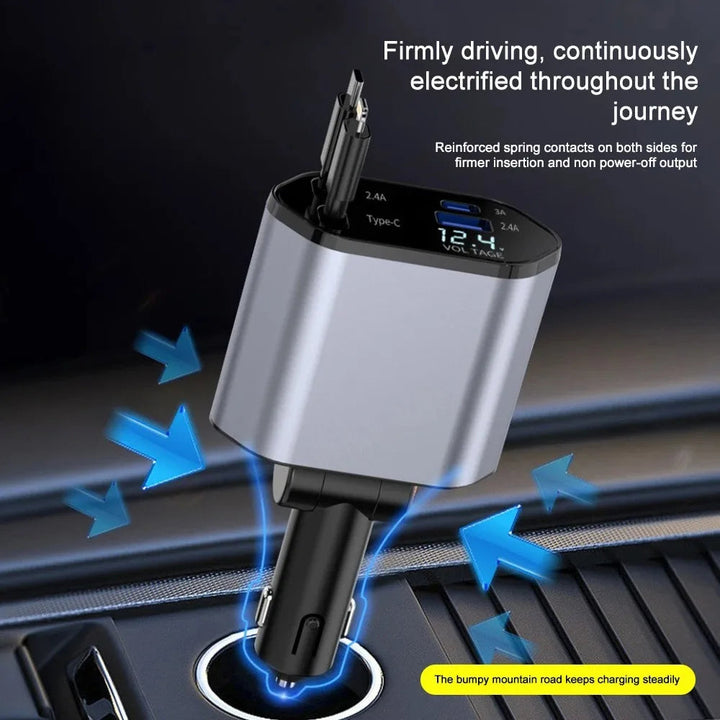 120W Car Charger with Retractable Cables and Voltage Display