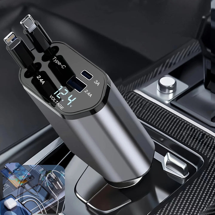120W Car Charger with Retractable Cables and Voltage Display