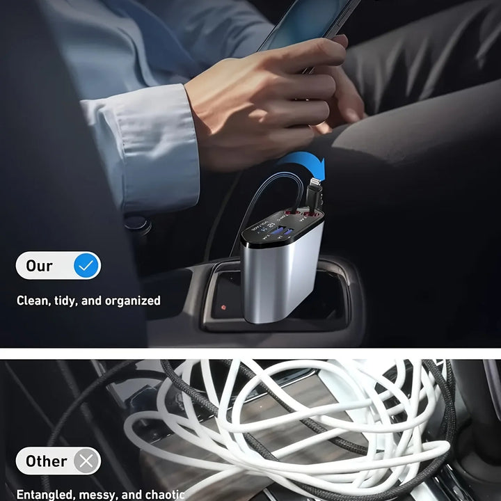 120W Car Charger with Retractable Cables and Voltage Display
