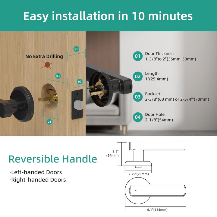 Smart Fingerprint Door Lock with Handle, Keypad and Key Fob