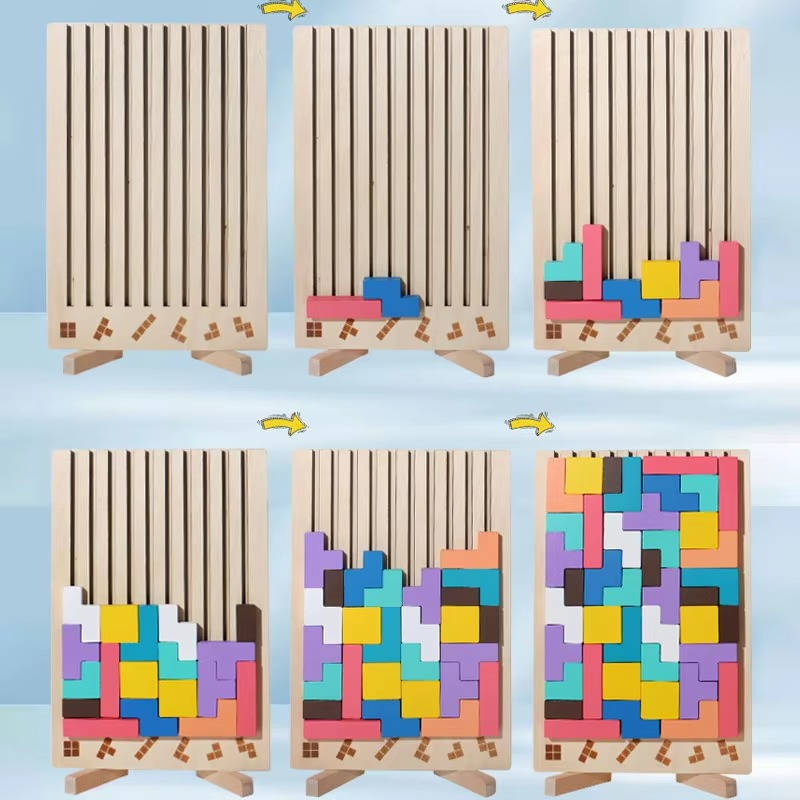 42-Piece Wooden Montessori Puzzle Blocks with 10 Pattern Cards