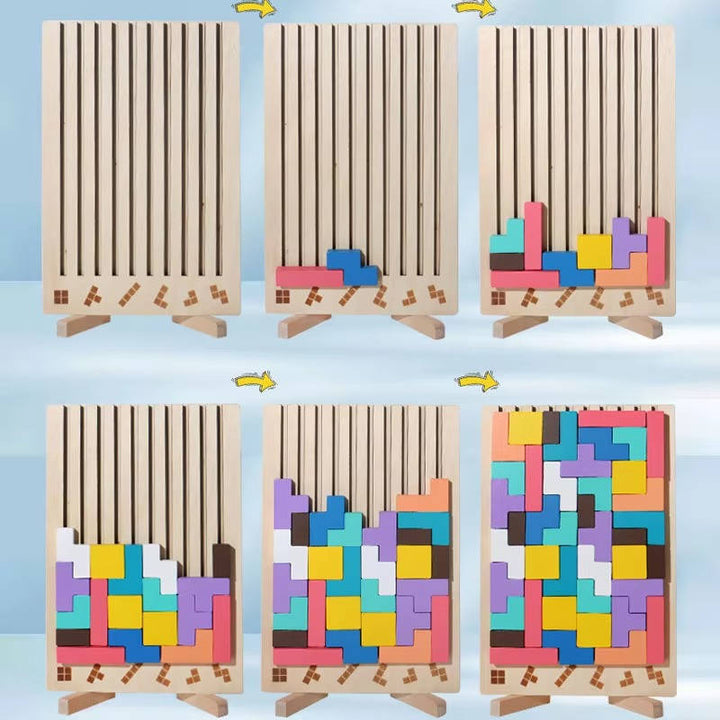 42-Piece Wooden Montessori Puzzle Blocks with 10 Pattern Cards