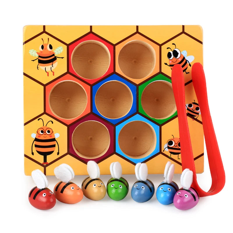 Harwelton™ Wooden Beehive Colour Sorting Game with Tweezers for Toddlers