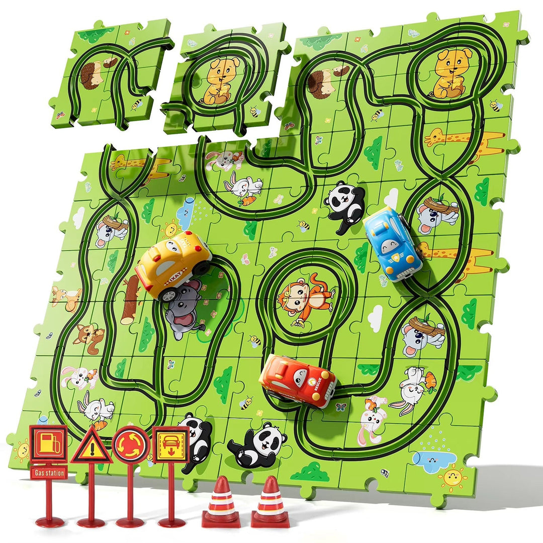 Animal Puzzle Race Track with 2 Battery Cars for Ages 2–6