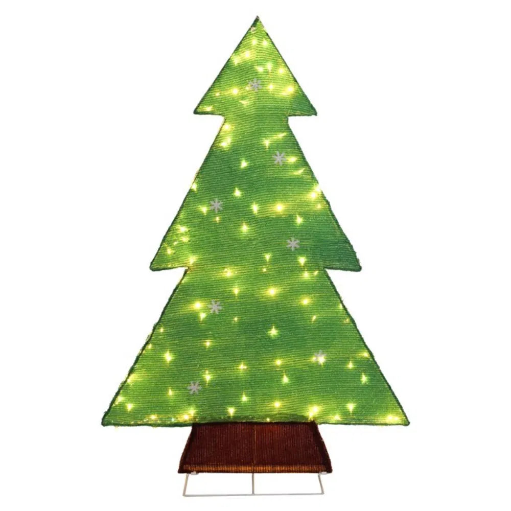 Lit tinsel Christmas tree silhouette outdoors
