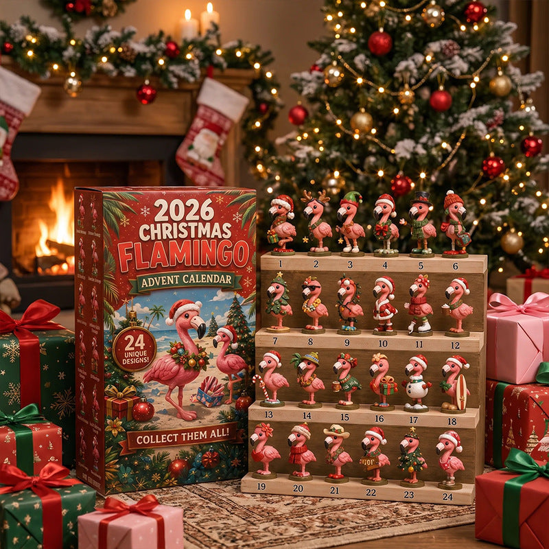 Flamingo advent calendar with festive figures