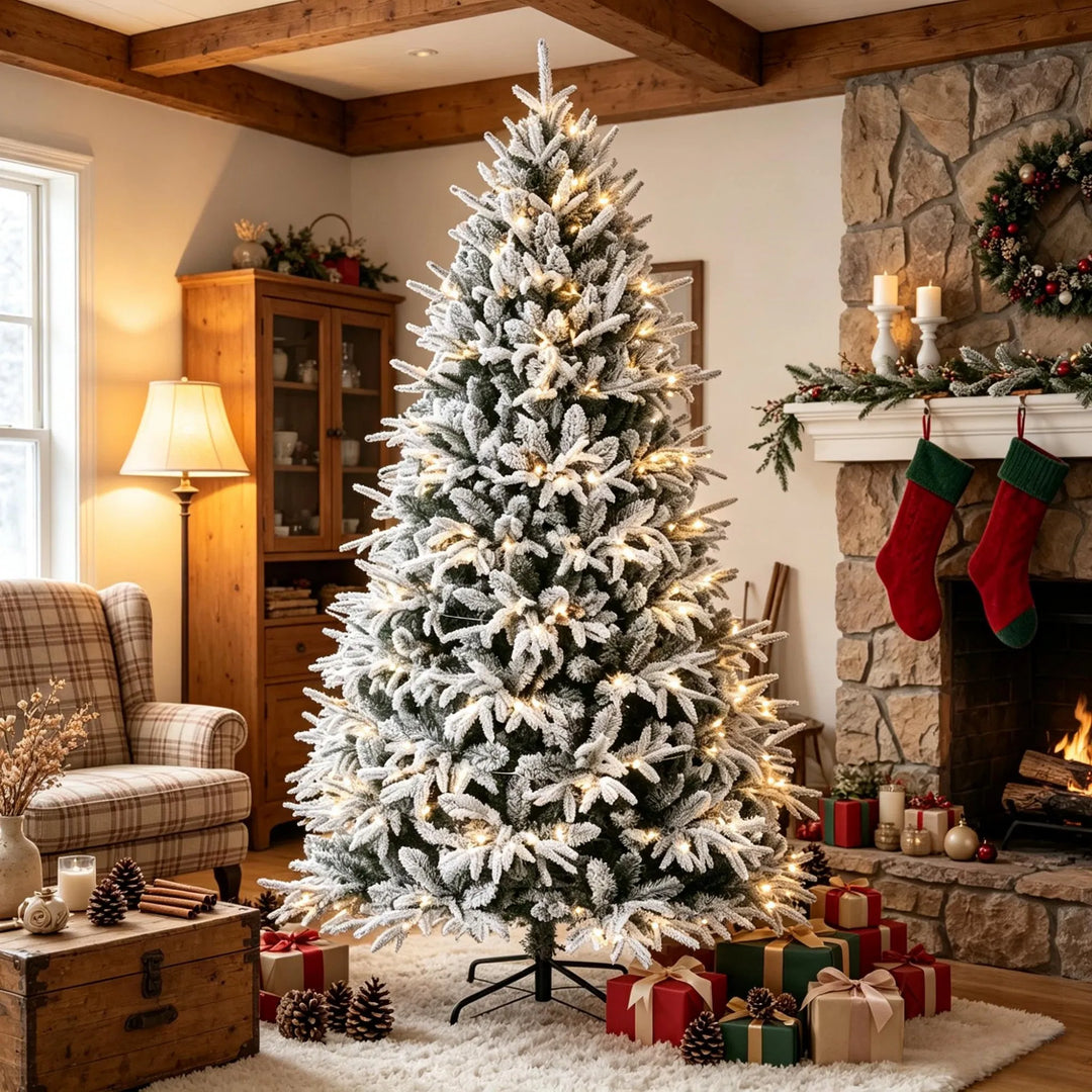 Full snow-flocked tree with warm LEDs