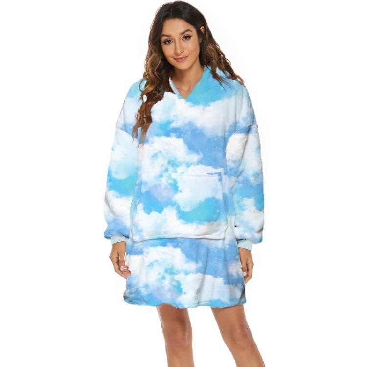 Person wearing oversized panda hooded blanket