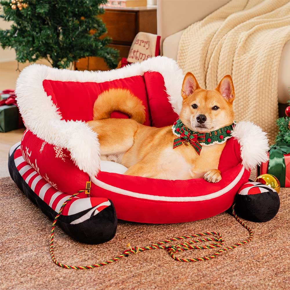 Sleigh-Shaped Dog Bed with Plush Faux Fur for Cosy Winters