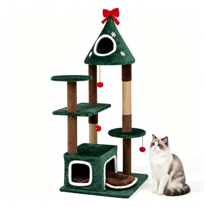 Harwelton Green Christmas Cat Tree with Bell Balls, 137cm