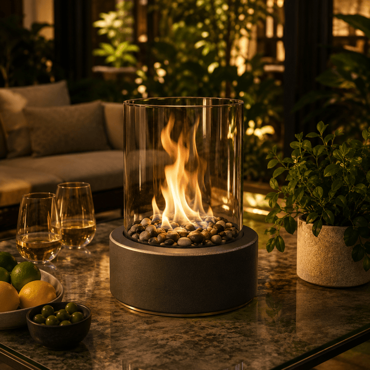 Tabletop Bioethanol Fireplace with Real Flames and Glass Panels
