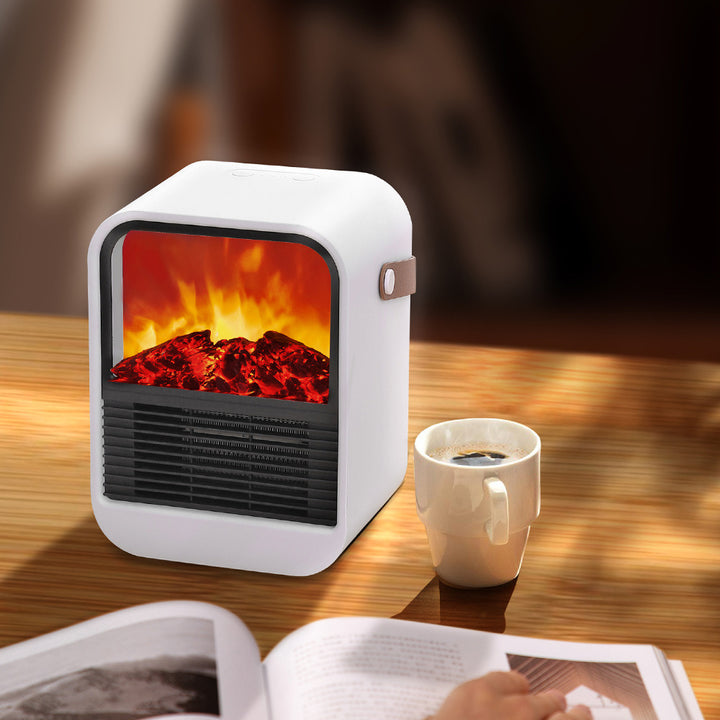 White portable heater with flame effect front