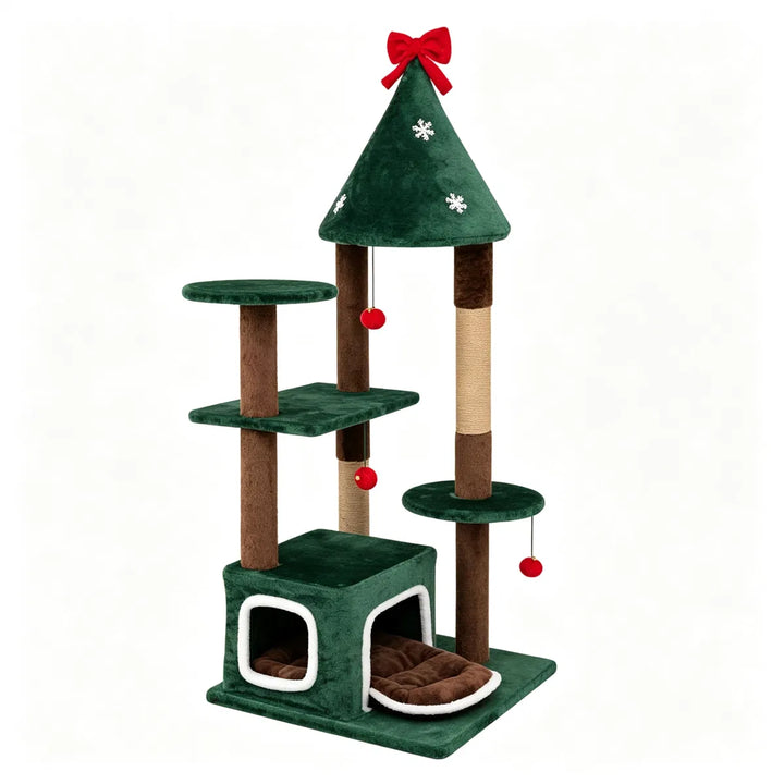 Green Christmas cat tree with bell balls