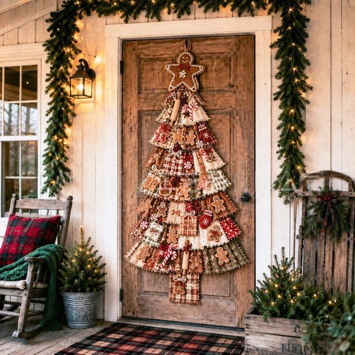Patchwork Christmas tree hanging on a front door